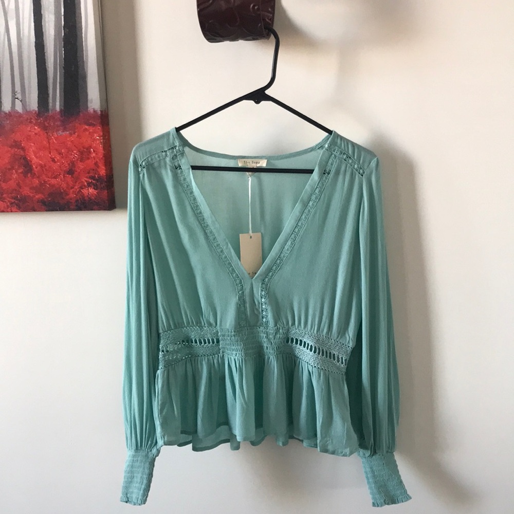 Boho Plunge Neckline Turquoise Top - Picture 5 of 8